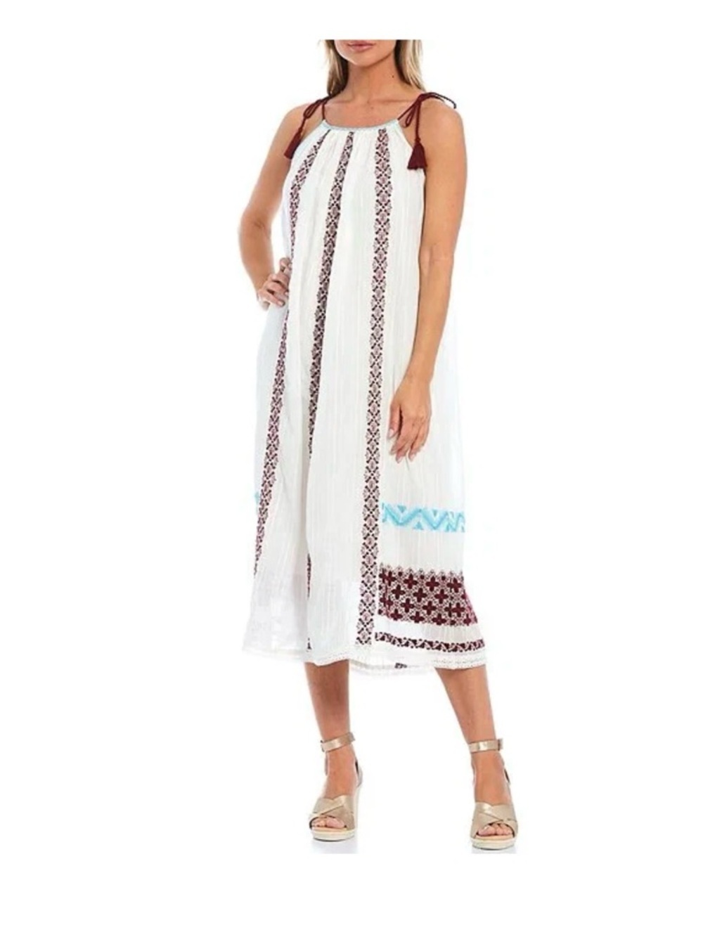 Reba Geometric Embroidered Cotton Swing Dress Lined Vacay Beach Resort Women’s S